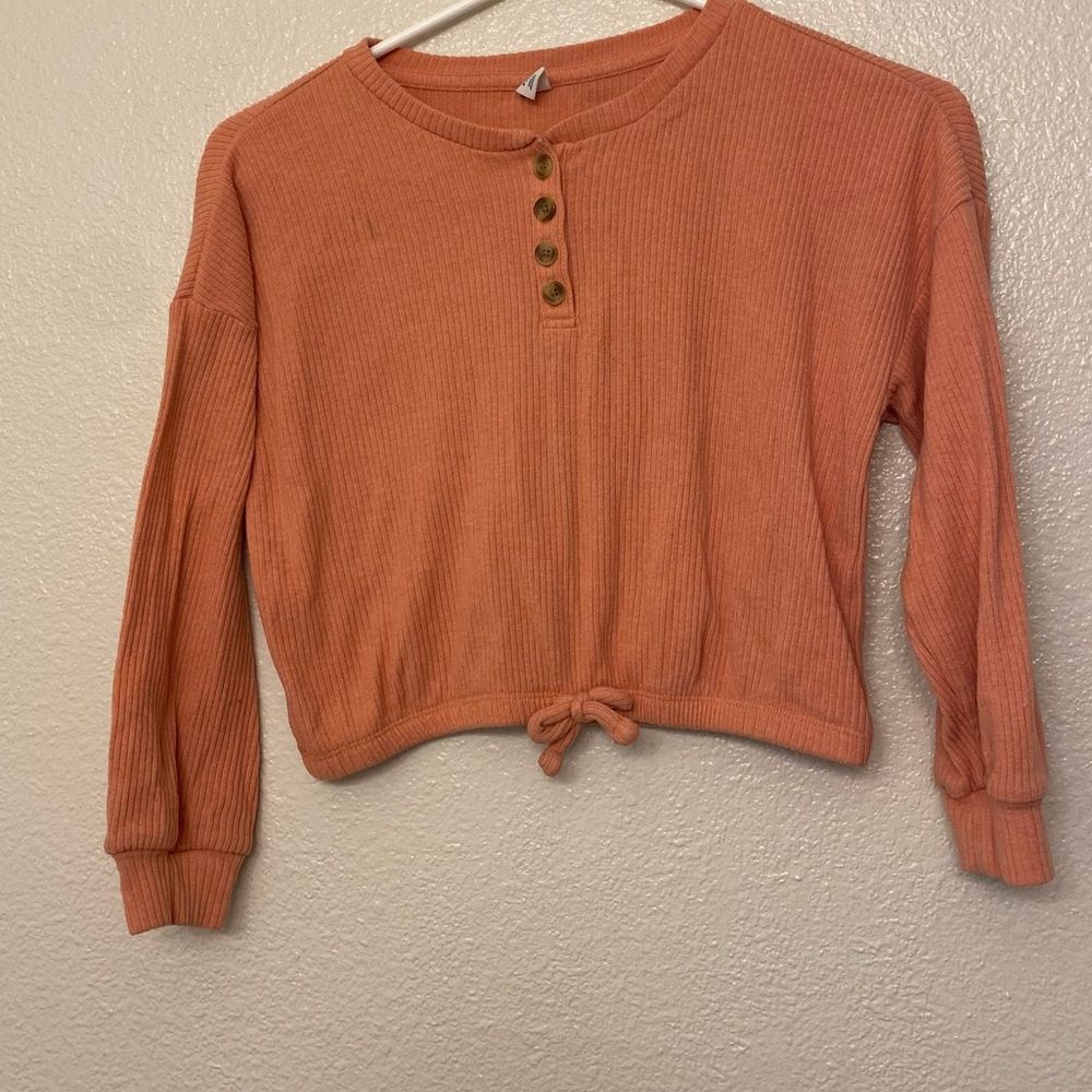 Old Navy oversized orange cozy ribbed long sleeve knit henley top shirt S 6-7